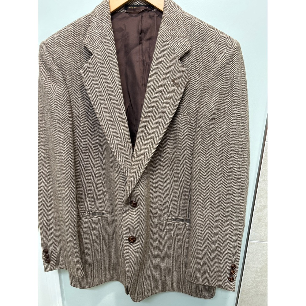 Russell Scott Mens Blazer Jacket Herringbone‎ Pattern Wool Blend Size 40 R Brown